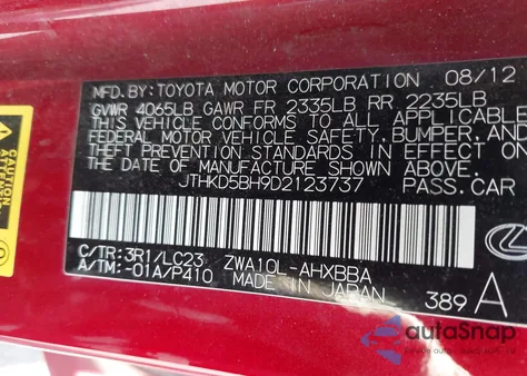 2013 Lexus Ct 200H z USA, uszkodzony, nr VIN JTHKD5BH9D2123737